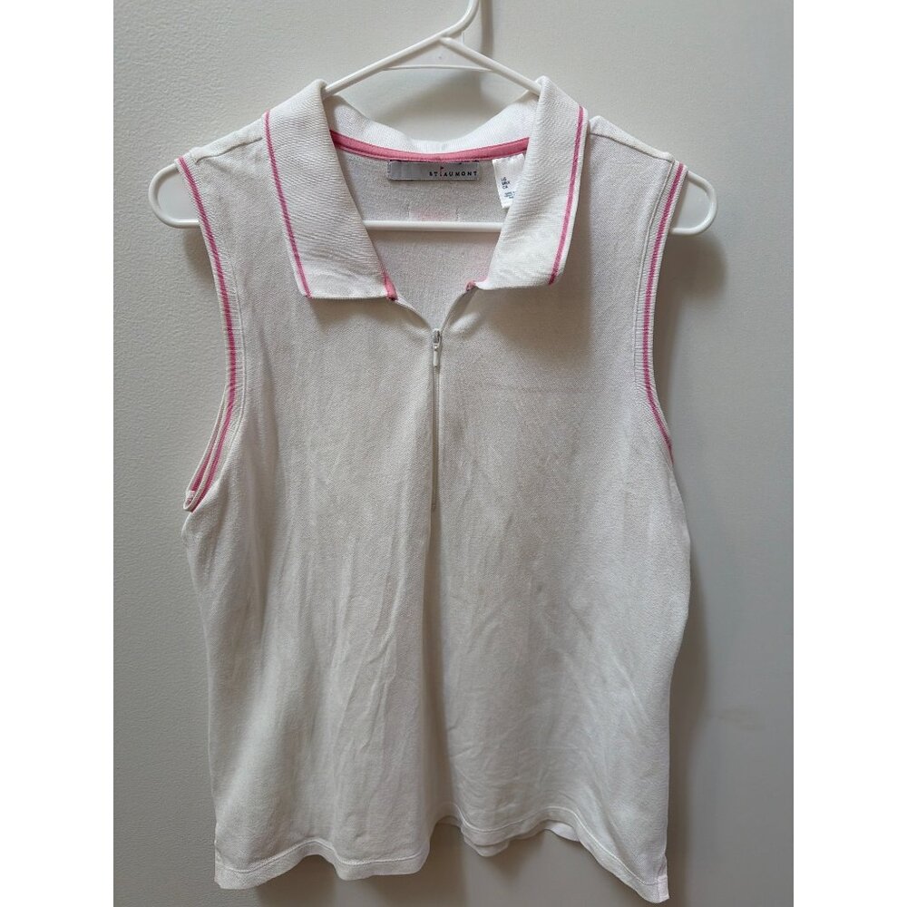St. Aumont Golf Womens White Sleeveless Polo Top With Pink Trim & Half-Zip Closu